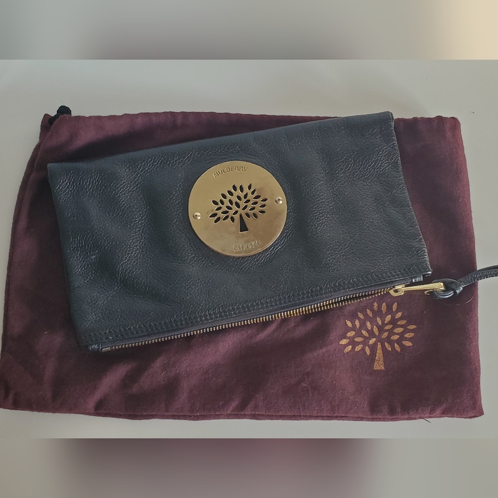 Black Leather Fold Over Clutch